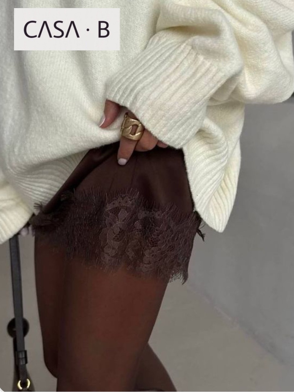 NEW to CASA B | Satin Brown Lace-Trim Shorts in Espresso